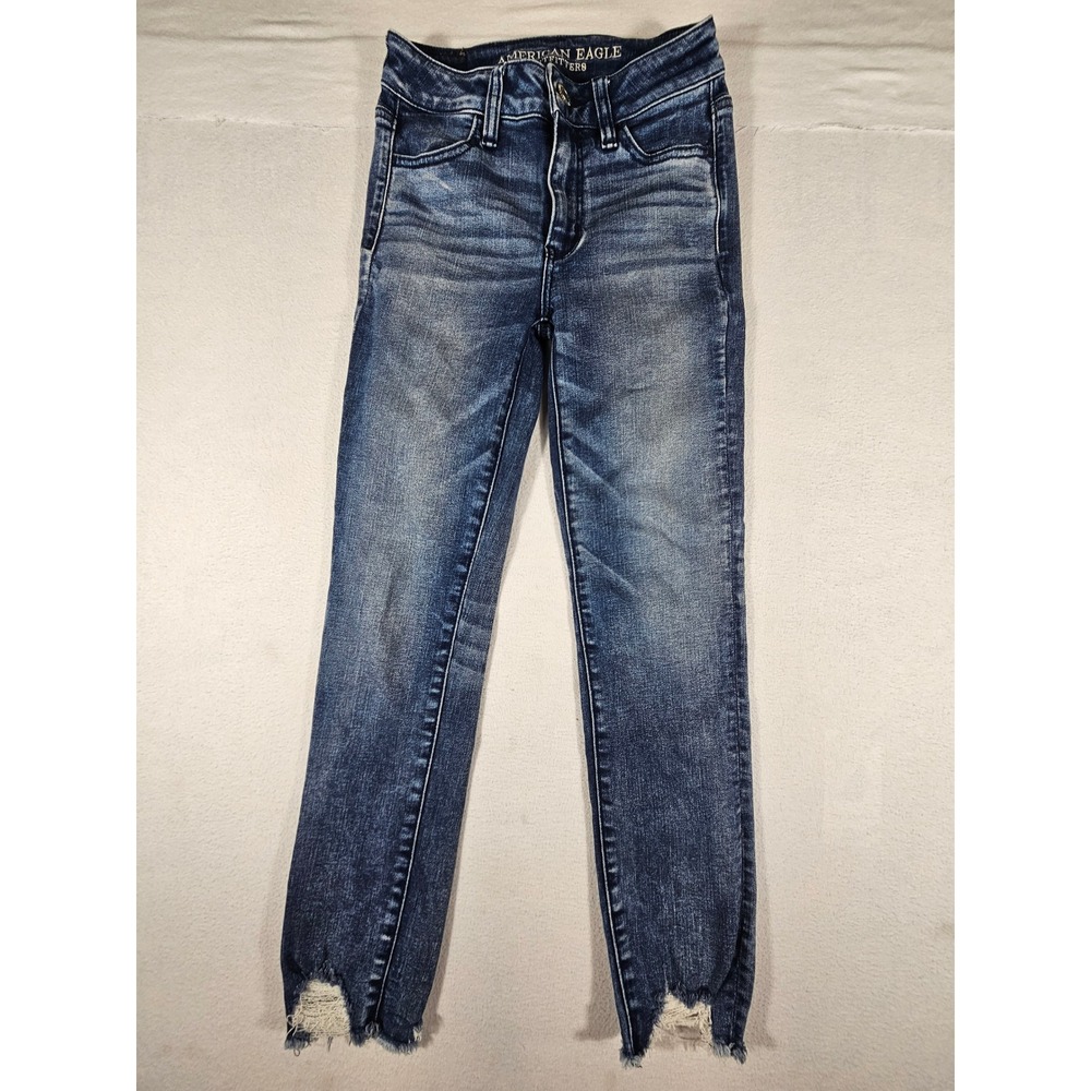 American Eagle Hi-Rise Jegging Crop Blue Distressed Step Hem Jeans 0 Regular